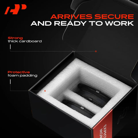 Rock Solid Front Ceramic Brake Pads Compatible With Hyundai Kia 2 Pack displayed in a box with foam padding for protection.
