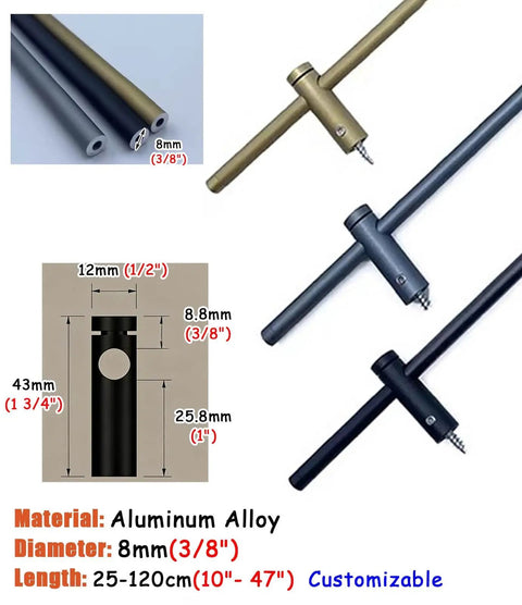Adjustable Shelf Guard Rail Set for 39 to 46 inch shelves, aluminum alloy, 8mm diameter, bracket spindles detail.
