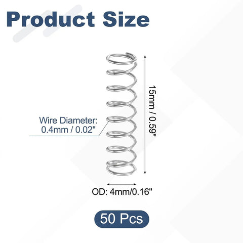 50 Pcs 304 Stainless Steel Compression Springs 0.4mm Wire Dia X 4mm OD X 15mm Free Length Tiny Pen Springs For Diy Repairs, Home Tools, Workshop And Industrial Use, Rust Resistant Silver Tone - product size illustration