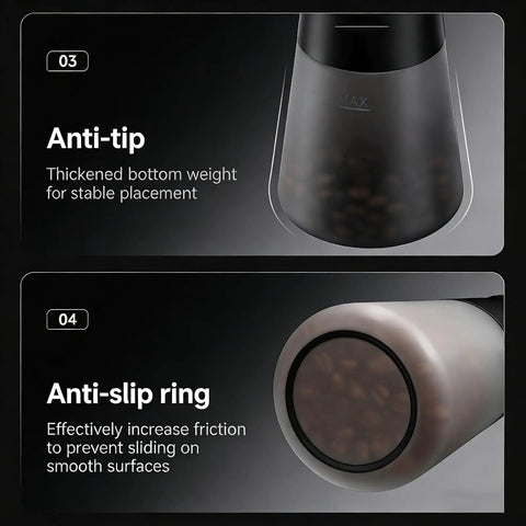 Smart Vacuum Sealed Coffee Canister With Digital Display And Humidity Monitor, 650Ml showing anti-tip base and anti-slip ring design.