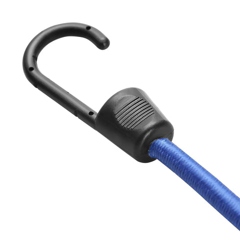 Close-up of blue bungee cord with black hook from Beefy 24-Piece Bungee Cord Set In Storage Jar With 10, 18, 24, 32, 40 Inch Cords And 8 Inch Canopy Ties For Cars Trucks Trailers RVs Tents Tarps And Outdoor Gear