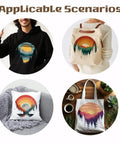 Dope Retro Mountain Iron On Patches Set 4 Colorful Forest Themed Heat Transfer Stickers on T-shirt, bag, pillow, and tote.