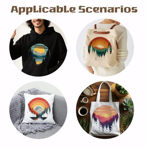 Dope Retro Mountain Iron On Patches Set 4 Colorful Forest Themed Heat Transfer Stickers on T-shirt, bag, pillow, and tote.