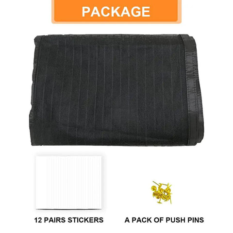 Black Magnetic Screen Door For Doors Up To 36x82 Inches, 39x83 Panel, package with mesh screen, stickers, and push pins