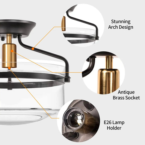 Dope Semi Flush Mount Ceiling Light For Porch Hallway Kitchen Bathroom And Living Room Black Fixture With Clear Glass Shade