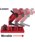 Workhorse Aluminum Alloy Sharpening Jig For Bench Grinders showing adjustable movable arms and sturdy lock down clamp setup.