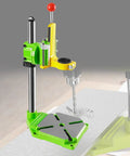 Beefy Drill Press Stand For Home Workshop, stable workbench setup, green adjustable clamp head, metal base, woodworking projects