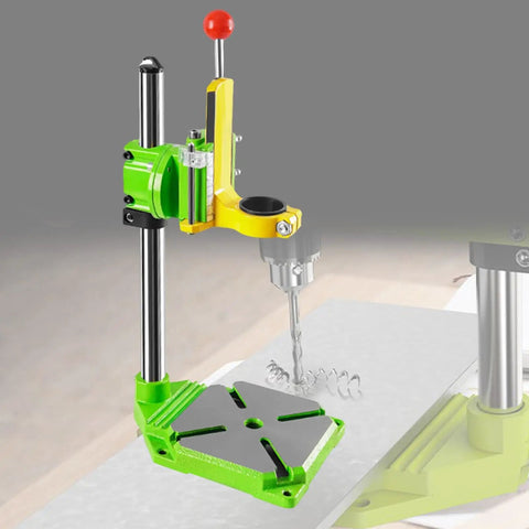 Beefy Drill Press Stand For Home Workshop, stable workbench setup, green adjustable clamp head, metal base, woodworking projects