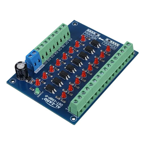 8 Channel Optocoupler Isolation Board No Fuss 24V To 3.3V Level Shifter for PLC And MCU, blue board with green terminals and LEDs