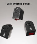 3 Pack Grounded Outlet Switch With On Off Single Outlet Adapter For Wall Outlet Turn Off Hard To Reach Appliances Easily And Save Energy At Home Office Or Studio Black, showing three black adapters at different angles.