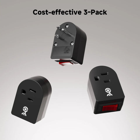 3 Pack Grounded Outlet Switch With On Off Single Outlet Adapter For Wall Outlet Turn Off Hard To Reach Appliances Easily And Save Energy At Home Office Or Studio Black, showing three black adapters at different angles.