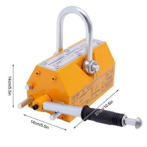 Beefy Steel Magnetic Lifter With Super Grippy Rubber Handle And Heavy Duty U Loop Shackle Hook 10.6 X 5.5 Inch tool with measurements.
