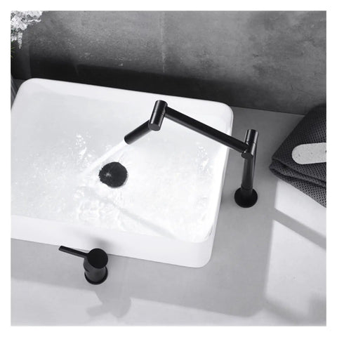 Desk Mounted 360 Rotate Foldable Basin Faucet Mixer Hot and Cold Sink Tap Rotate Folding Spout Kitchen Matter Black in action
