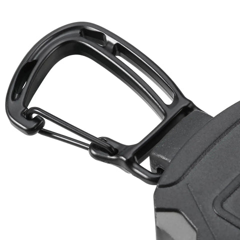 Close-up of Two Pack Heavy Duty Retractable Keychain Carabiner Badge Holder Set clip mechanism, black color