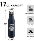 Solid Bulk Set Of One Hundred Custom 17 Oz Stainless Steel Water Bottles Double Wall Insulated and totally leakproof navy blue with custom design.