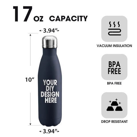 Solid Bulk Set Of One Hundred Custom 17 Oz Stainless Steel Water Bottles Double Wall Insulated and totally leakproof navy blue with custom design.