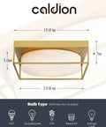 15 Inch Flush Mount Ceiling Light Fixture In Gold Finish With Opal Frosted Glass Round Close To Ceiling Light For Bedroom And Kitchen Dimmable Vintage Industrial Style With Modern Glow, dimensions and bulb type shown.
