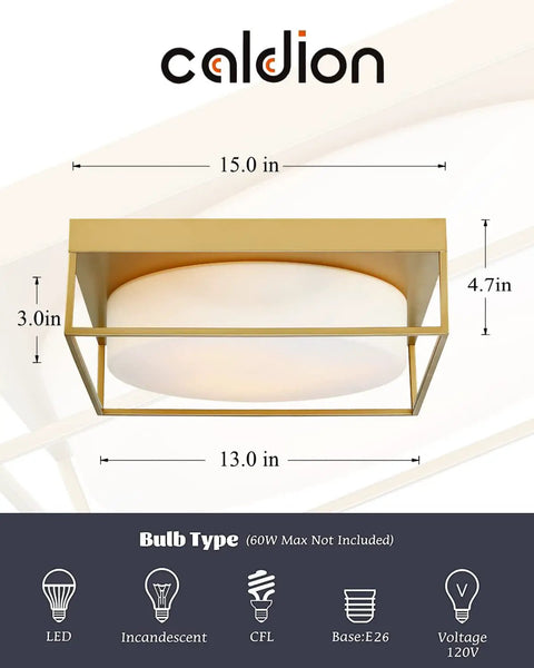 15 Inch Flush Mount Ceiling Light Fixture In Gold Finish With Opal Frosted Glass Round Close To Ceiling Light For Bedroom And Kitchen Dimmable Vintage Industrial Style With Modern Glow, dimensions and bulb type shown.