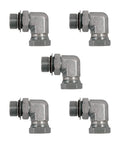 Five metal 90-degree hydraulic elbow fittings SAE/ORB male to 1/4 in NPSM female, swivel adapters, 5-pack.