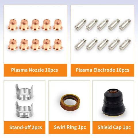 Complete 24 Piece Plasma Cutter Consumables Set For S45 IPT40 Torches With 0.039 Inch Electrode Tips components shown