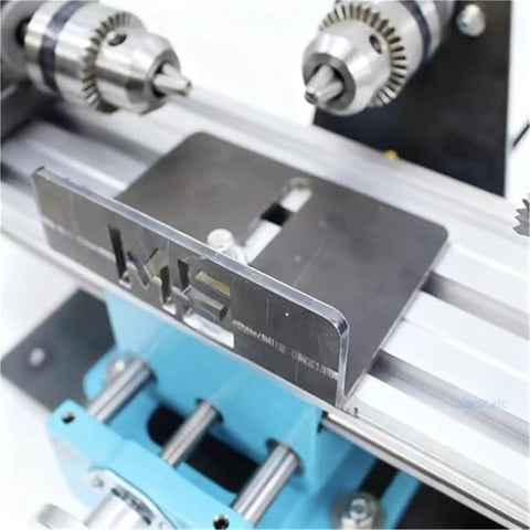SiCWedIm Bench Drill Precision DIY Wood Beads Lathe 400W showing the metal cutting tool and adjustable alignment guide.