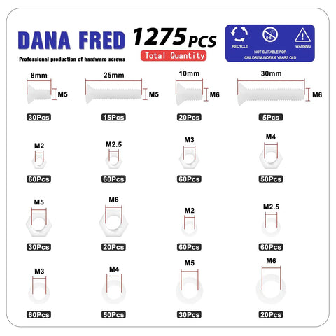 1275 Piece White Nylon Pan And Flat Head Machine Screw Assortment Kit With Phillips Cross Recessed Bolts Nuts And Washers showing size and quantity details.
