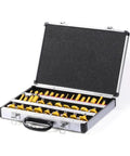 Pro Quality 35 Piece Tungsten Carbide Router Bit Set Featuring One Quarter Inch Shank For Heavy Duty Woodworking in a storage case.