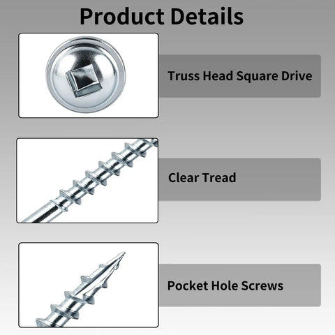 2 Inch Pocket Hole Screws Heavy Duty Beefy Square Drive Washer Head Exterior Wood Screws Carbon Steel Zinc Coated details