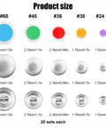 DIY Fabric Covered Button Kit With Five Sizes And Tools, size chart showing buttons from #60 to #24 with dimensions.