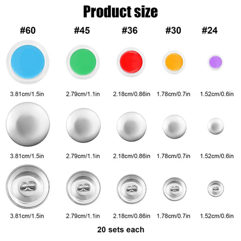 DIY Fabric Covered Button Kit With Five Sizes And Tools, size chart showing buttons from #60 to #24 with dimensions.