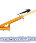 Heavy Duty Adjustable Forklift Jib Boom Crane With 6600Lb Three Ton Capacity Bulletproof Telescopic Arm in yellow with red hooks.