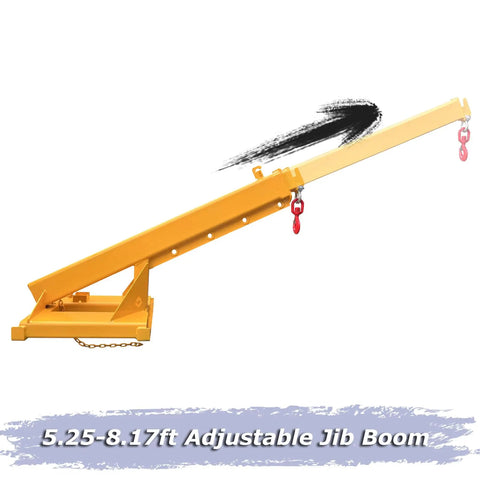 Heavy Duty Adjustable Forklift Jib Boom Crane With 6600Lb Three Ton Capacity Bulletproof Telescopic Arm in yellow with red hooks.