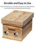 Wooden hive with 4-Pack Stainless Steel Bee Hive Entrance Discs, 4.92 Inch Diameter, Easy Install Entrance Reducers visible on front