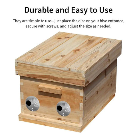Wooden hive with 4-Pack Stainless Steel Bee Hive Entrance Discs, 4.92 Inch Diameter, Easy Install Entrance Reducers visible on front
