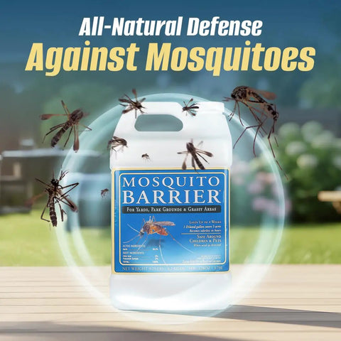 Garlic Mosquito Repellent Concentrate For Lawns And Yards Easy Water Mix Outdoor Treatment jug with mosquitoes on label.