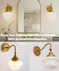 SongCiLT Vintage Sconce Wall Lighting with Milk White Glass Shade in bathroom setting, showcasing light on and off, gold finish.