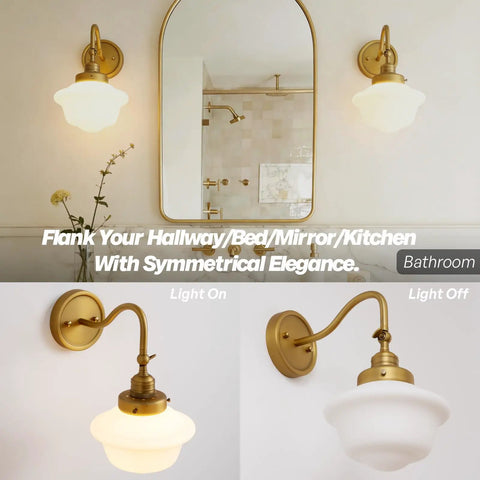 SongCiLT Vintage Sconce Wall Lighting with Milk White Glass Shade in bathroom setting, showcasing light on and off, gold finish.
