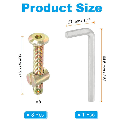 Eight Pack Bunk Bed Bolts Kit With Hex Socket Cap Barrel Screws Nuts And Handy Wrench For Quick Furniture Assembly Zinc Finish M8 x 50mm Durable Carbon Steel Hex Drive Keeps It Tight with product dimensions shown.