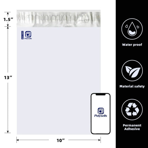500 Pack 10x13 Inch White Exterior Silver Interior Poly Mailers With Strong Self Sealing Adhesive Waterproof Tear Resistant Shipping Envelopes For Clothing Books And Accessories displayed with dimensions and features