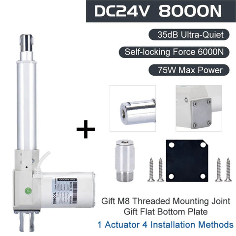 Built Like A Tank DC 24 Volt Electric Linear Actuator With Quick Setup Motor Controller And Heavy Duty Mechanical Arm Pumping Out 2000 Newton Force Plus 350 Millimeter Throw For Weekend Warriors, showcasing the 8000N actuator with a threaded joint.