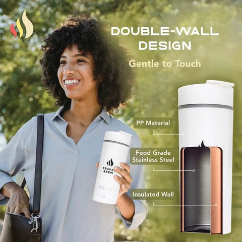 Woman holding a white Portable Travel Electric Kettle With Tea Infuser, showing double-wall design and stainless steel interior.