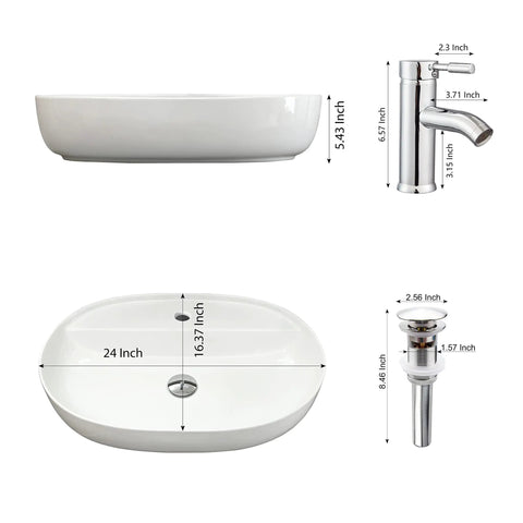 White Ceramic Vessel Sink With Faucet And Pop Up Drain Oval Above Counter Bathroom Vanity Basin Durable Porcelain Minimalist Modern Design For Homes Easy Install Sleek Dope Look For Powder Rooms
