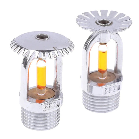 Top Shelf Invisible Fire Sprinkler Head With Dead On 57 Degree Trigger For Suspended Ceiling Setup and Heavy Duty Automatic Suppression Systems Built Tough For Maximum Safety, close-up view of two chrome sprinkler heads.