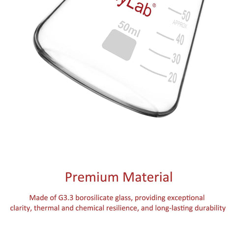Close-up of a Two Pack 50 Ml Narrow Mouth Borosilicate Erlenmeyer Flask For Lab Use Heavy Wall Chemistry Glassware, showing 50 ml mark
