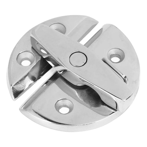 Round twist latch in marine-grade stainless steel with mirror finish for boat hatches and enclosures (close-up)