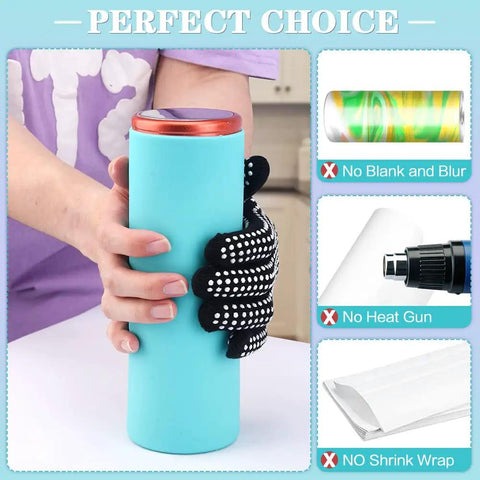 Heavy Duty Sublimation Silicone Wraps For 20 Oz Skinny Tumblers paired with gloves, holding blue tumbler for sublimation.