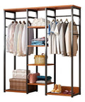 Top Notch Heavy Duty Free Standing Closet Rack With Extra Long Hanging Rods And Rock Solid Steel Frame For Roomy Apparel Stash And Zero Sweat Fast Assembly showcasing clothes, shelves, and storage bins.