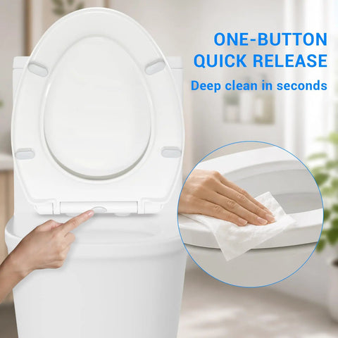 Premium Elongated Toilet Seat 18.5 Inch White With Silent Soft Close Hinge And Quick Release Design For Effortless Bathroom Cleanup, showing quick release feature.