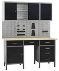 Heavy Hitter 63 Inch Garage Workstation Featuring Six Ball Bearing Drawers Two Rugged Locking Cabinets And Four Perforated Wall Panels shown in a workshop environment.