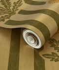 Top Shelf Dandelion Olive And Rich Gold Metallic Wallpaper featuring a luxe fibrous texture and premium glow, rolled and ready for installation.